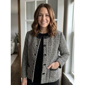 Pendleton Black & White Leather Trim Silk Blend Jacket Size 12 Vintage Old Money